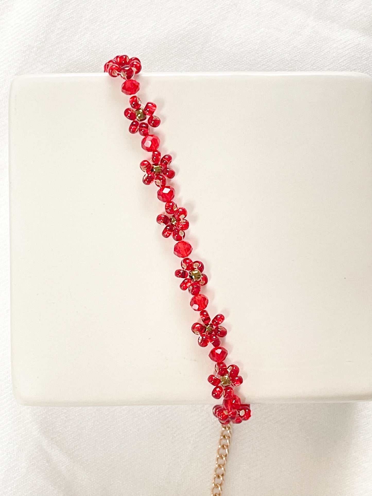 Ruby Red Beaded Flower Bracelet