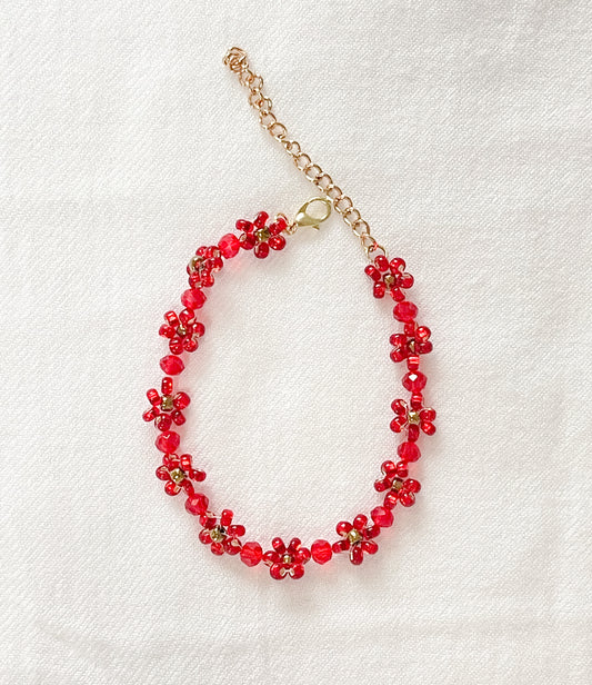 Ruby Red Beaded Flower Bracelet