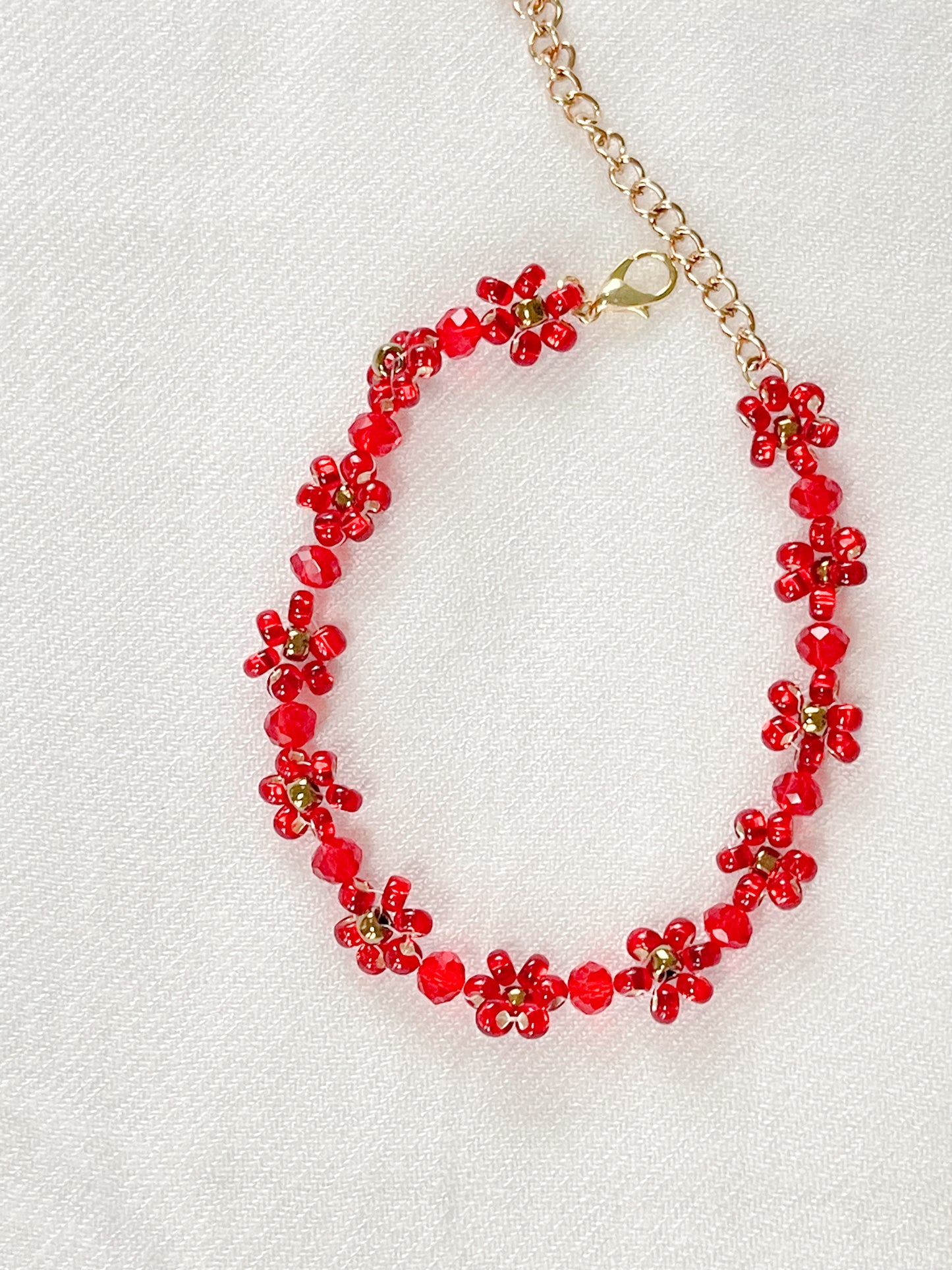 Ruby Red Beaded Flower Bracelet