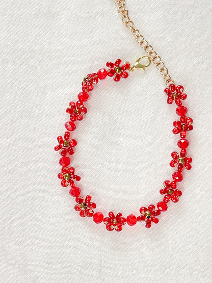 Ruby Red Beaded Flower Bracelet